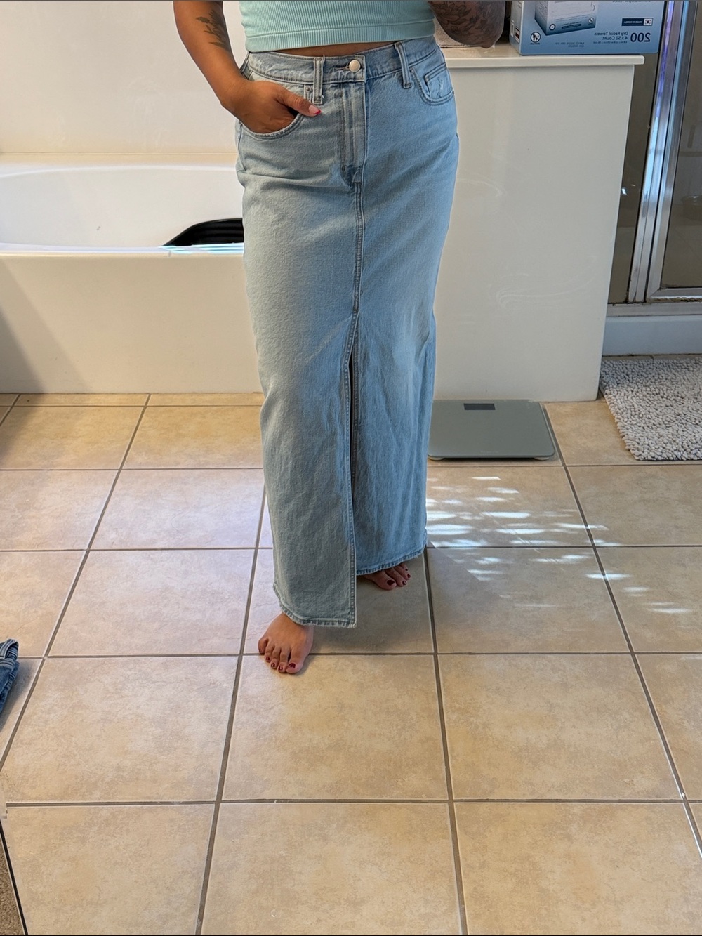 Light Blue Denim Maxi Skirt with Front Slit